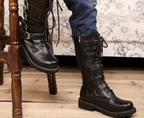 Black leather height increasing motorcycle boots