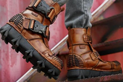 Brown leather buckle biker boots