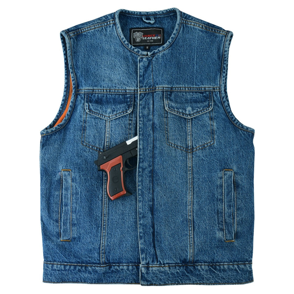 Vance Leather Men's Blue Denim Collarless Vest