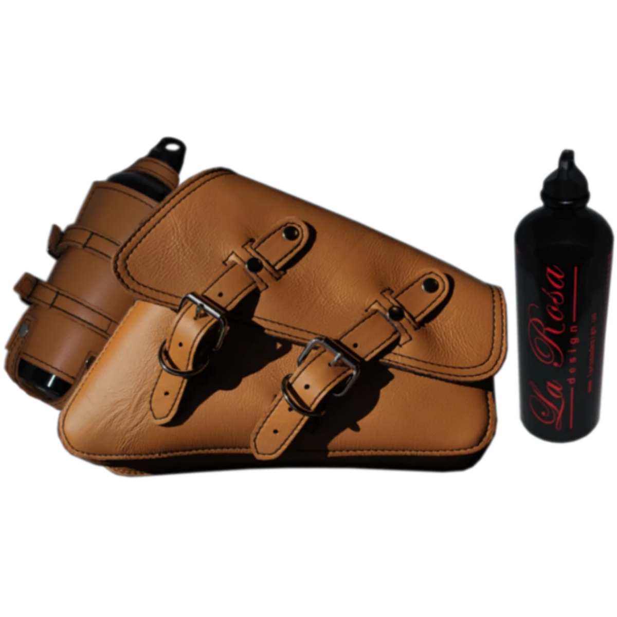 swing arm bag with fuel bottle