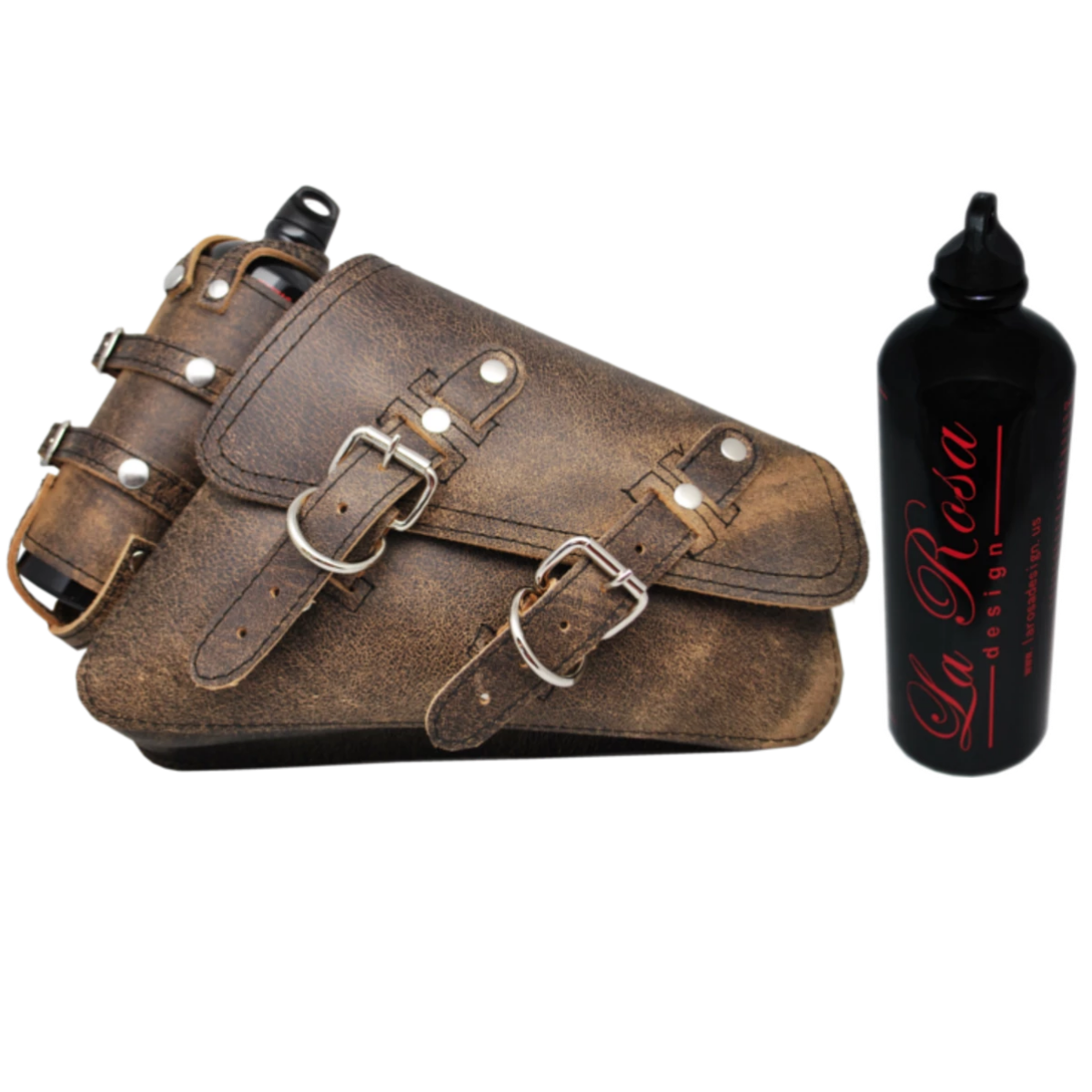 swing arm bag with fuel bottle