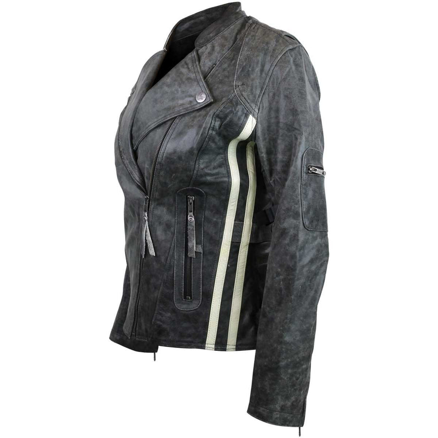 Vance Distressed Grey Women's Biker Leather Jacket with Vertical Stripes