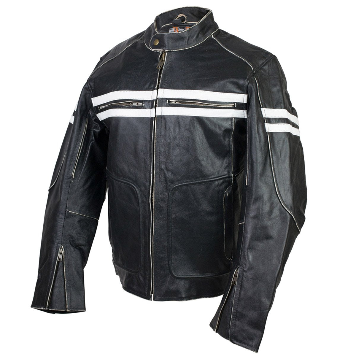Vance Leather Vintage Motorcycle Leather Jacket with White Stripes ...