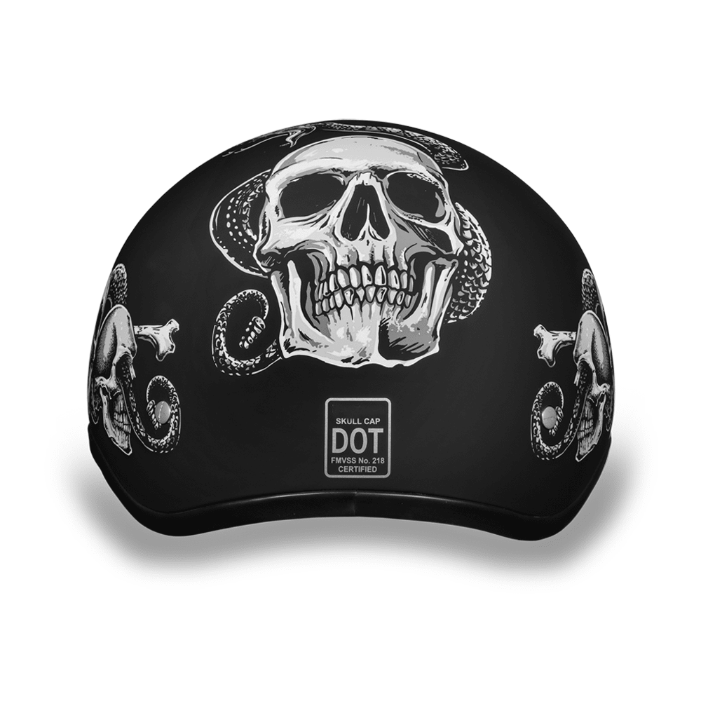 Daytona D.O.T. Motorcycle Skull Cap Half Helmet w/ Snake Skulls, Black/Whit...