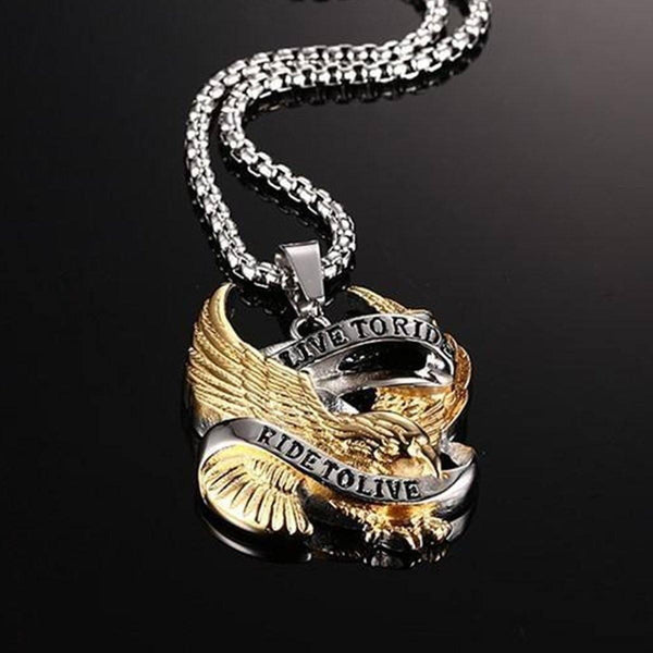 Bikers Live To Ride, Ride To Live Necklace, Eagle Pendant w/ Stainless  Steel 20 in Box Chain