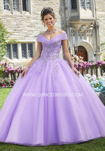 off shoulder lilac quinceanera gown