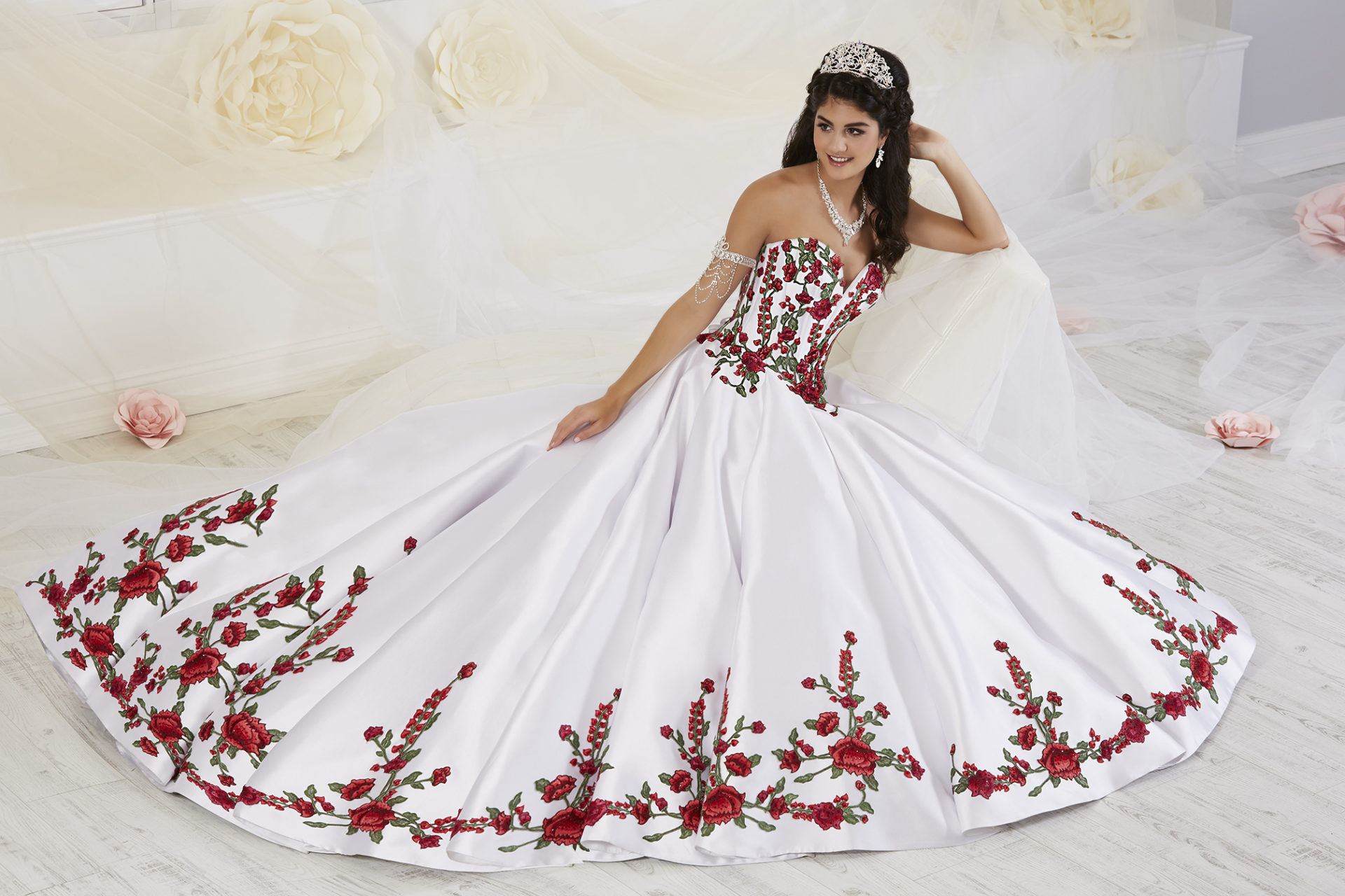 white quinceanera dress with red roses