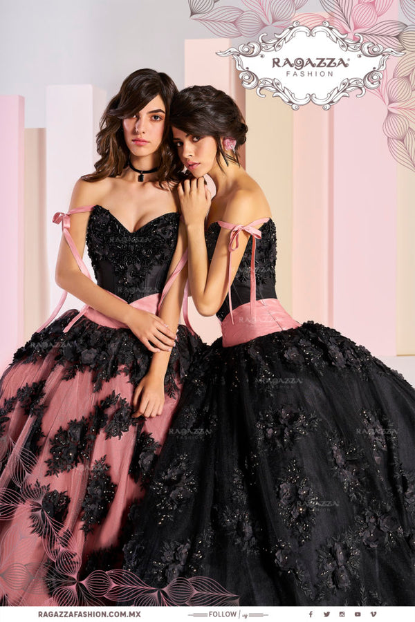 pink and black quinceanera dresses