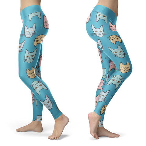 Cute Cat Faces Light Blue Leggings – lifeloveandleather