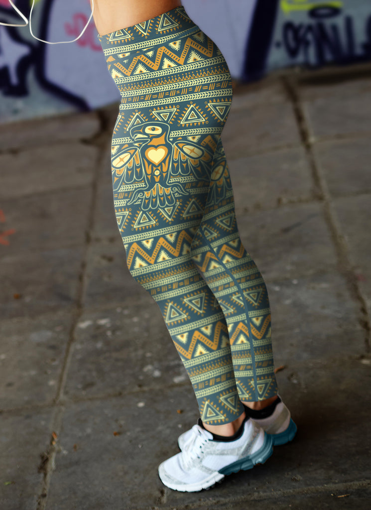 Blue and Orange Native Bird Pattern Leggings – lifeloveandleather