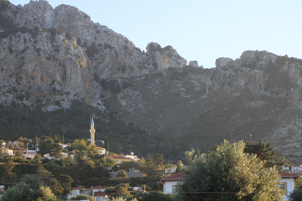 Blick von der Olivenmühle auf die Berge in der Abendsonne