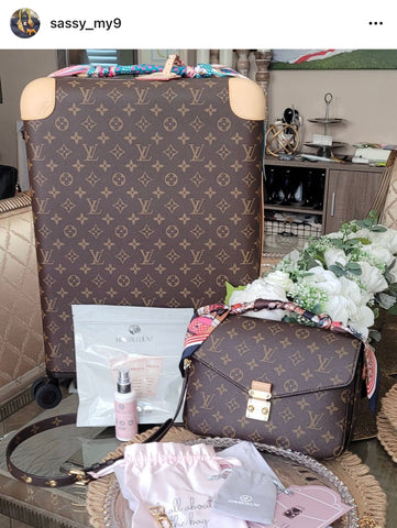 Monogram louis vuitton pochette metis handbag and suitcase alongside havre de luxe care products