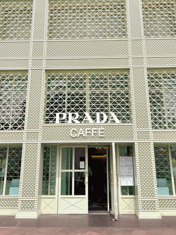 Visiting the Prada Caffè in Harrods! Images of our cakes, the table and the exterior of the Cafe