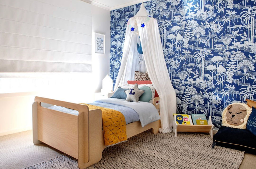boys room, children interior trends , canopy, blue jungle wallpaper
