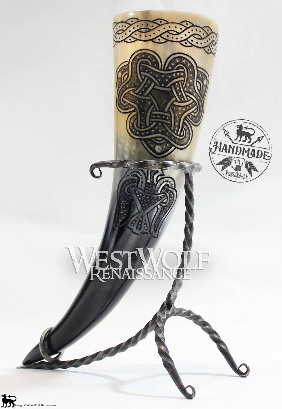 Hand Carved Viking Raven And Knot Design Drinking Horn Forged