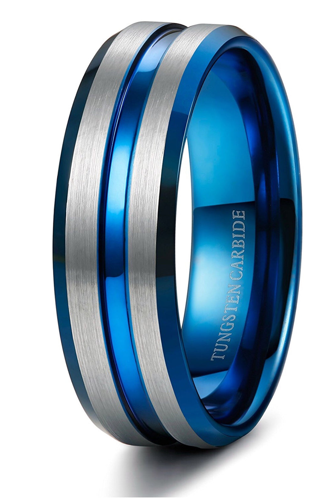 Thin Blue Line 8mm Tungsten Ring for Men Blue Grooved Brushed Size 7-1 ...