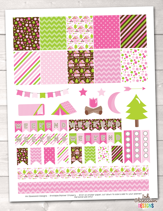 pink camping printable planner stickers weekly kit erin bradleyink