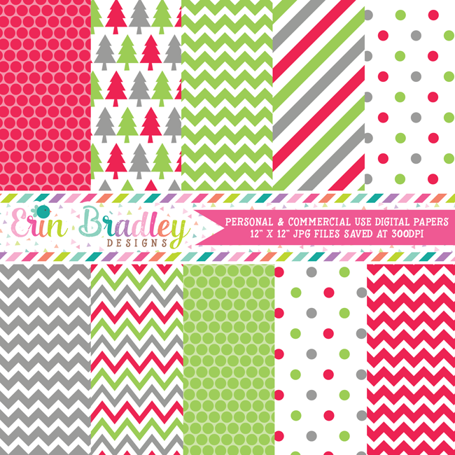Holiday Red Green Gray Christmas Digital Paper Pack