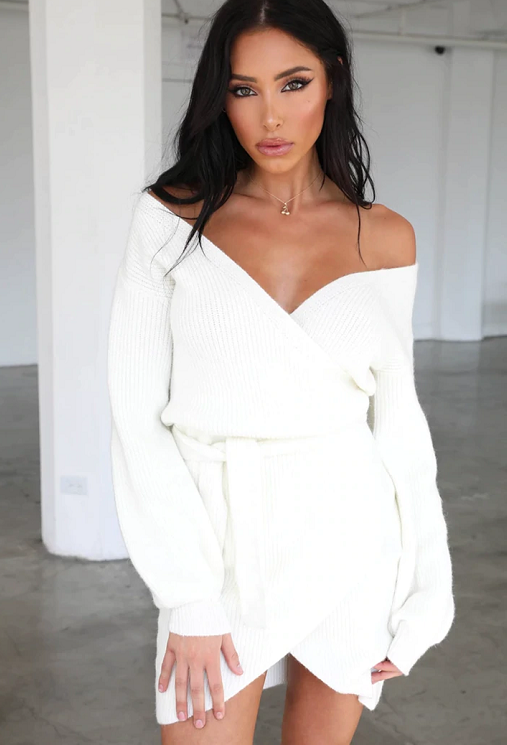 white wrap sweater dress