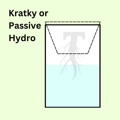 Kratky or Passive Hydro. On a green background, a rough image of a bucket filled halfway with water, and a net pot sitting on top