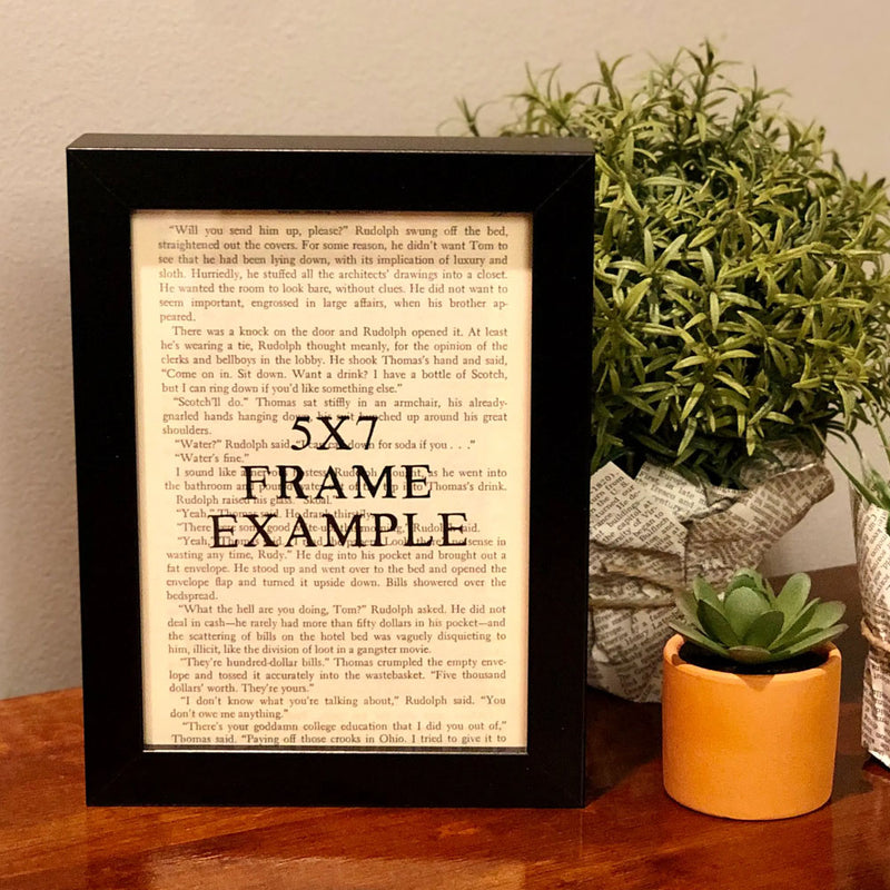 Sample of how large the 5 x 7 inch book art is and how it looks in a simple black frame.