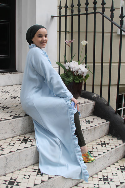 designs of abaya open baby blue with frills