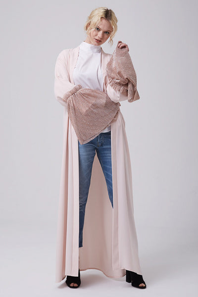 Conservative Summer Outfits Pink Open Abaya with Frill Sleevs