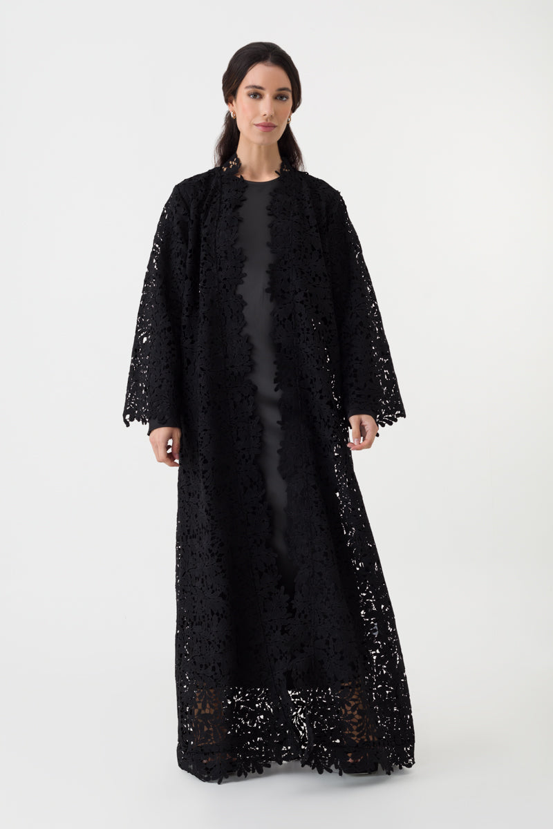 Black Lace Open Abaya | FERADJE