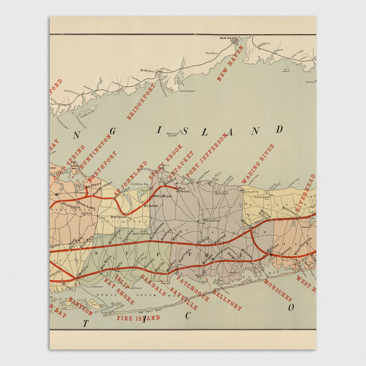 Long Island Railroad Antique Map Art Print Set C1895 Blue Monocle