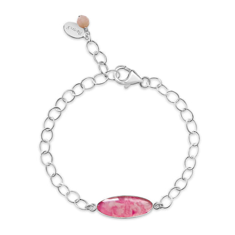 sterling silver breast cancer id bracelet in pink with opal and chain