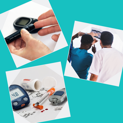 Collage of diabetes related images, insulin and testing kits, doctors looking at test results