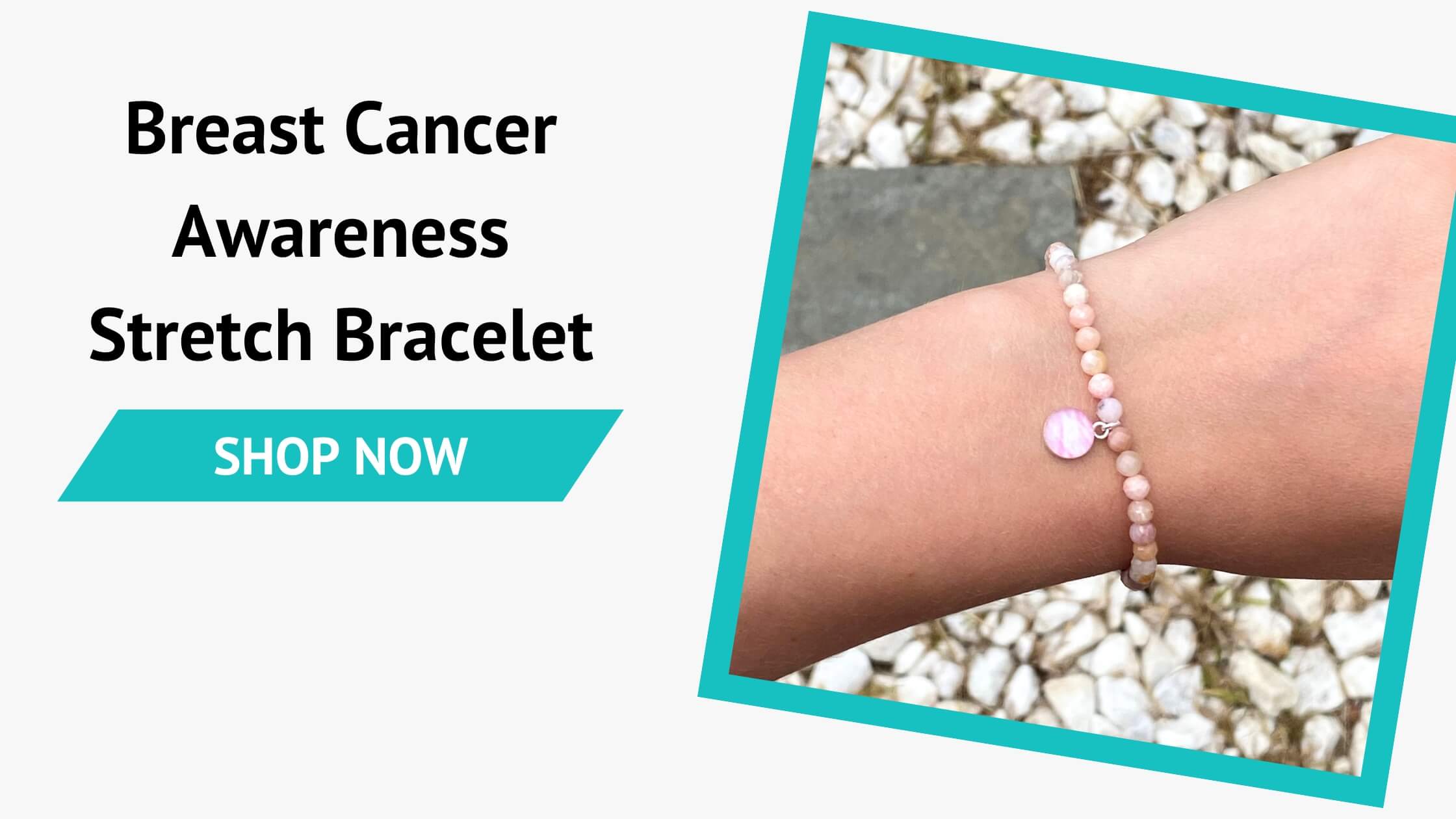 pink opal stretch bracelet with small round breast cancer cell image in resin pendant on model