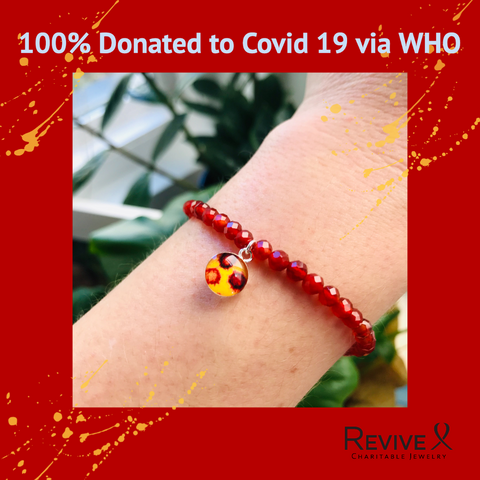 100 percent donated to covid 19 via who bracelet based on covid 19 image with red carnelian beads on wrist