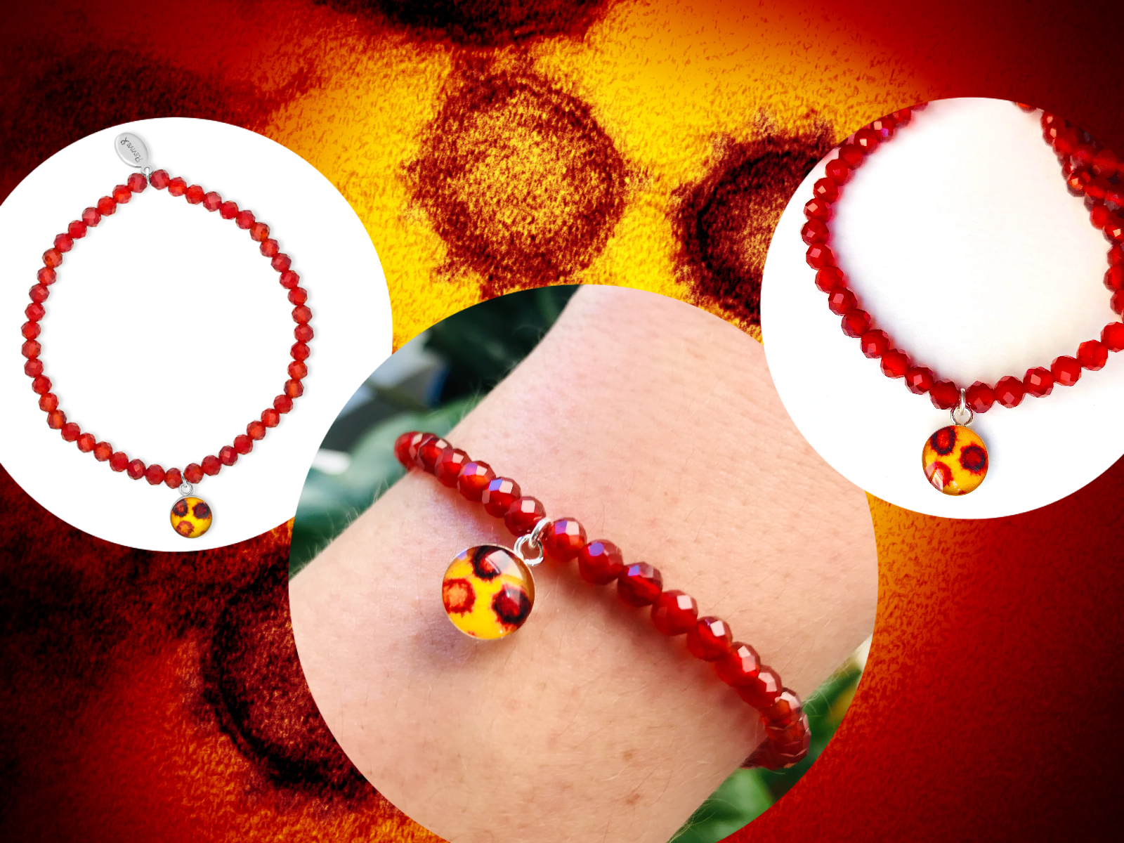 Covid 19 virus image with 3 photos collaged on top of covid 19 stretch bracelet with red carnelian beads