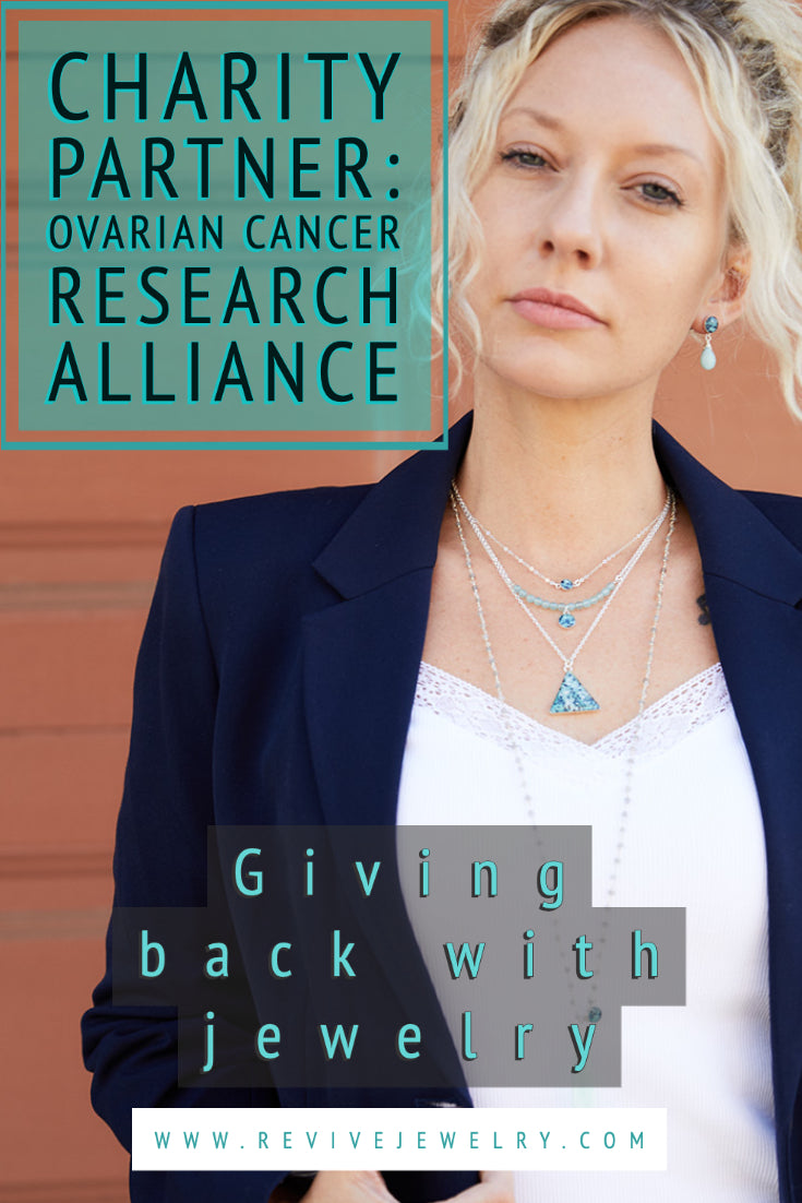 Charity Partner Ovarian Cancer Research Alliance, model wearing ovarian cancer awareness jewelry, giving back to charity with jewelry