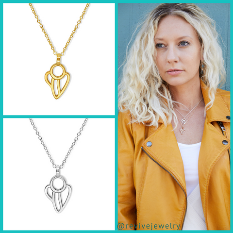 Photo collage of Guardian Angel Necklace in Silver and 14k Gold filled and blond model wearing both Guardian Angel necklaces with white shirt and yellow leather jacket