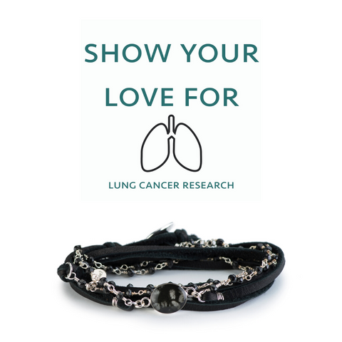 Show your love for lung cancer research and a triple wrap leather bracelet with spinel and a lung cancer cell image pendant