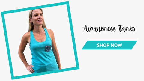 model wearing ovarian cancer awareness racer back tank top that gives back