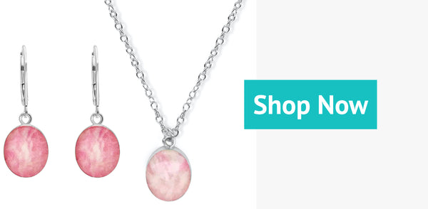 pink oval necklace and earrings set for breast cancer awareness