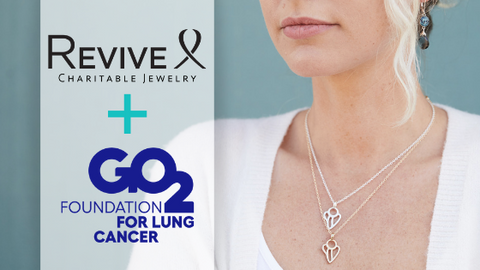 Revive Jewelry and Go2 Foundation for lung cancer banner with model wearing Guardian Angel pendant for lung cancer research necklace