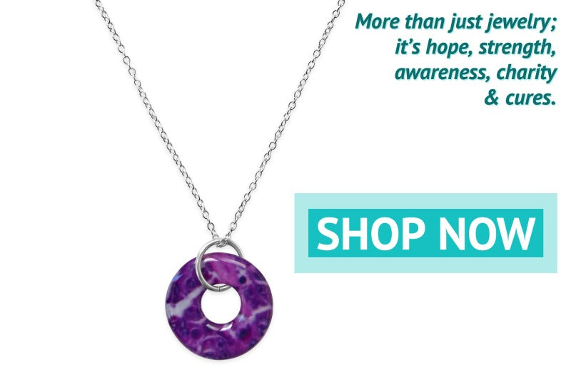 purple pancreatic cancer jewelry life saver necklace for awareness gives back to charity