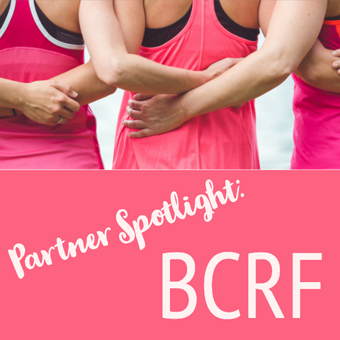 Women dressed in pink arm in arm from behind with the words Partner spotlight BCRF below