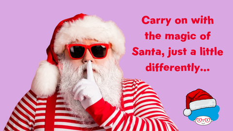 santa disguised in sunglasses with his finger to his lips