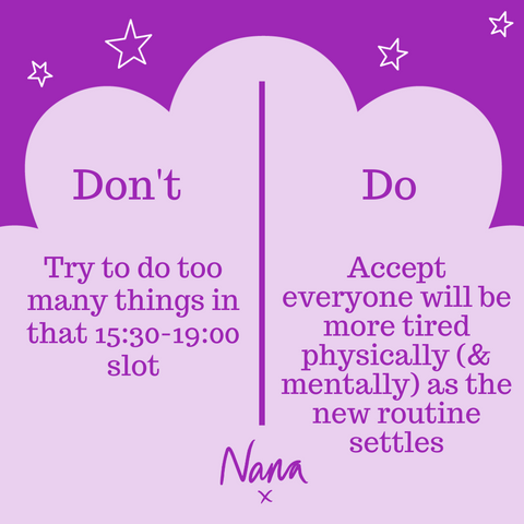 Back to school month. Don't try to do too many things in that 15:30-19:00 slot. Do accept everyone will be tired 9physically and mentally) as the new routine settles.