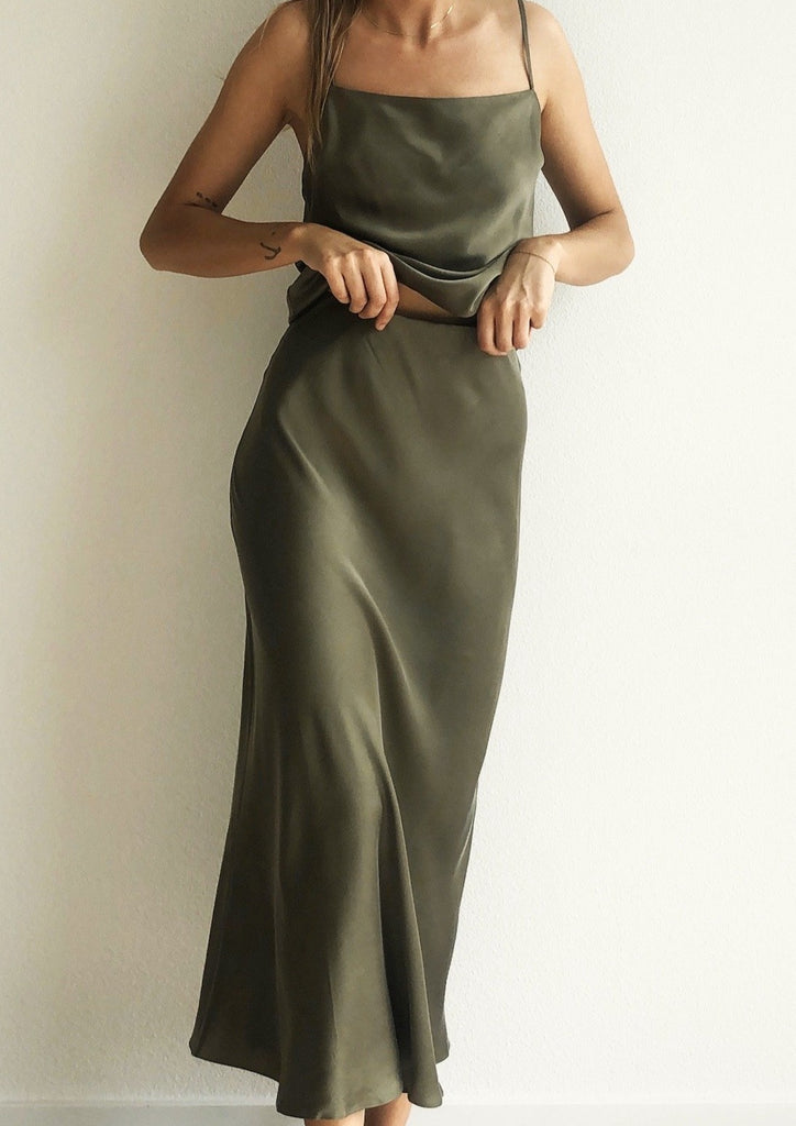 khaki silk dress