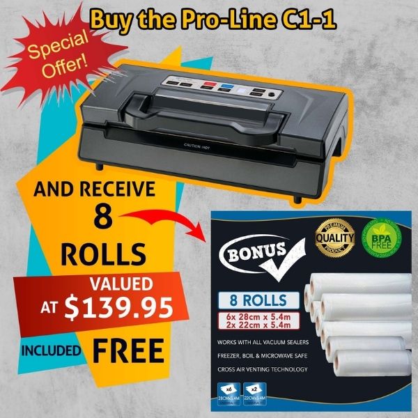 Pro-line C1-1 Vacuum Sealer Cryovac Machine Special Offer 8 Vacuum Sealer Rolls Free Included Only at Australias Best Vacuum Sealer Retailer