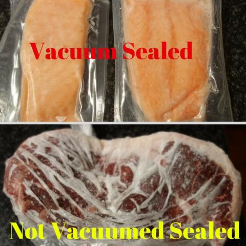 Vacuum Chamber Sealer showing 2 pictures of a product vacuum sealed and a product stored in the freezer with a freezer bag