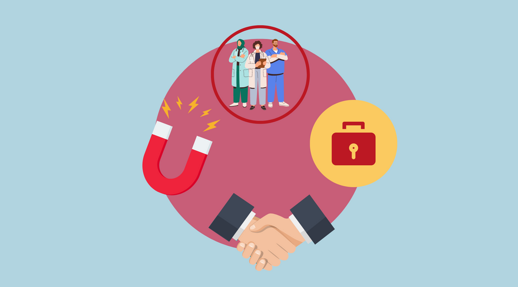 The circle of employee retention, a symbol that represents the importance of employee recognition programs, such as custom apparel and merchandise for healthcare.