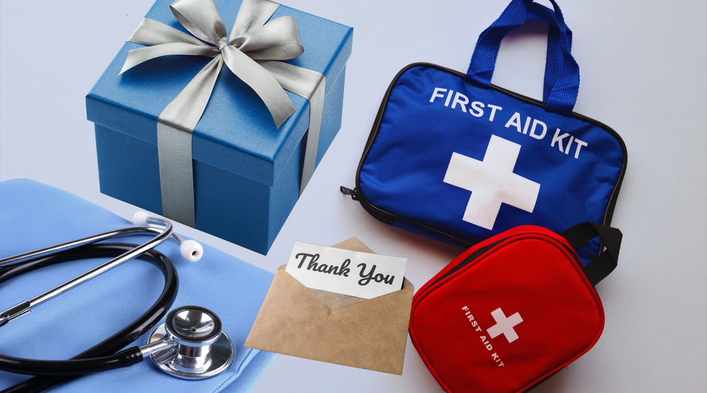 Nurses Week gifts which includes a customized blue scrub top, first aid kit, a present in a gift box and a thank you note.