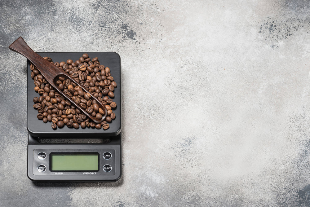 coffee beans in a digital weighing scales